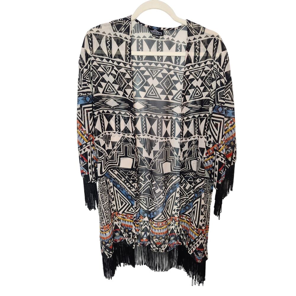 ANGIE Aztec printed, fringed, short duster/kimono Size M